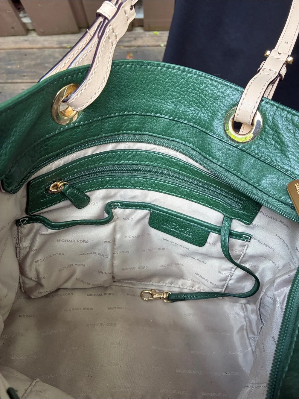 Michael Kors Green Leather Medium Tote with Tan Straps